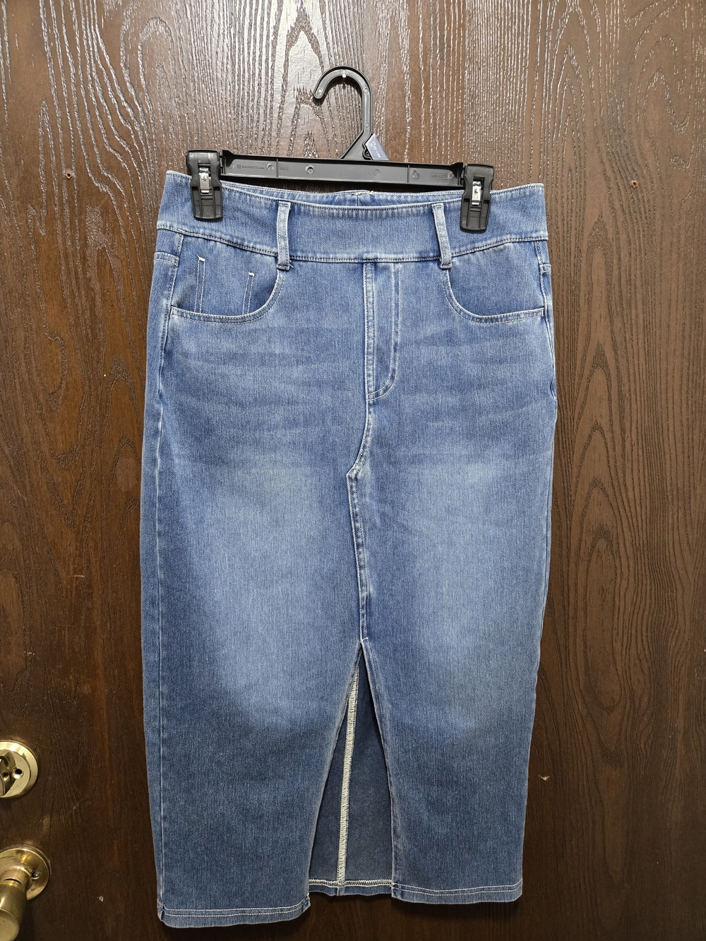 HALARA Light Blue Denim Midi Skirt with Front Slit, Stretchy Material.